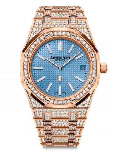 Review Audemars Piguet Royal Oak Extra-Thin Pink Gold Diamond Blue Replica Watch 15202OR.ZZ.1241OR.01