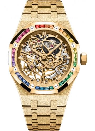 Review Replica Audemars Piguet Royal Oak 37 Double Balance Wheel Openworked Frosted Yellow Gold Rainbow Watch 15468BA.YG.1259BA.01 - Click Image to Close