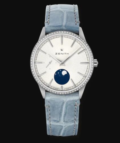 Review Zenith ELITE MOONPHASE 36mm steel diamonds with silver dial Replica Watch 16.3200.692/01.C832 - Click Image to Close