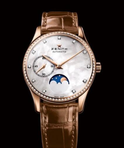 Review Zenith Watch for Women Replica Watch Zenith Elite Ultra Thin Lady Moonphase Héritage 22.2310.692/81.C709 Pink Gold - Diamonds - Mother-of-Pearl - Alligator Strap - Click Image to Close