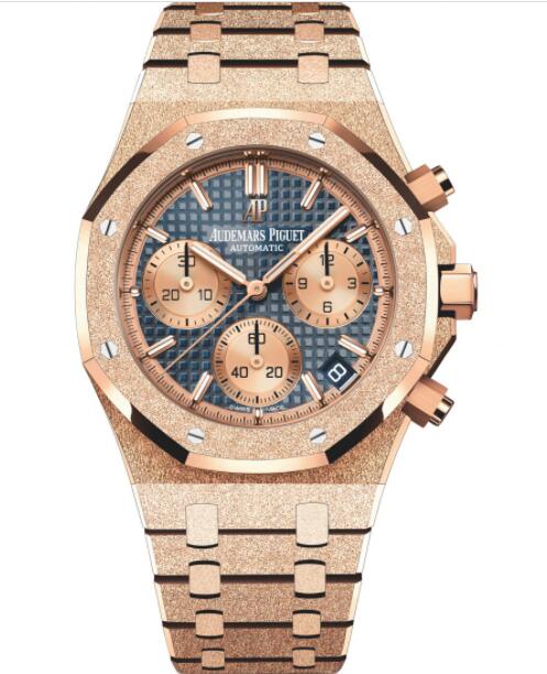 Review Audemars Piguet Royal Oak Chronograph 41 Frosted Pink Gold Blue Bracelet Replica Watch 26239OR.GG.1224OR.01 - Click Image to Close