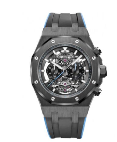 Review Audemars Piguet Royal Oak Tourbillon Chronograph Openworked Ceramic Blue Replica Watch 26343CE.OO.D002CA.02 - Click Image to Close