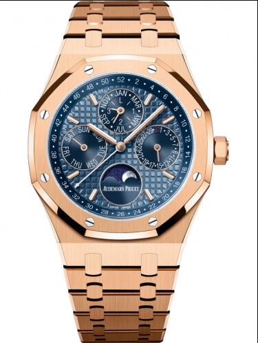 Review Replica Audemars Piguet Royal Oak Perpetual Calendar 41 Pink Gold Blue Watch 26574OR.OO.1220OR.03