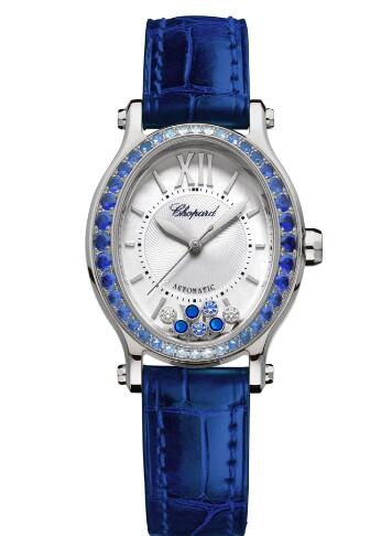 Review Chopard Happy Sport Oval Watch Cheap Price 31 X 29 MM AUTOMATIC WHITE GOLD DIAMONDS SAPPHIRES 275362-1003