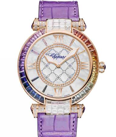 Review Chopard Imperiale Joaillerie Rainbow Watches for sale Review Replica 40 MM AUTOMATIC ROSE GOLD DIAMONDS COLORED SAPPHIRES 384239-5009 - Click Image to Close