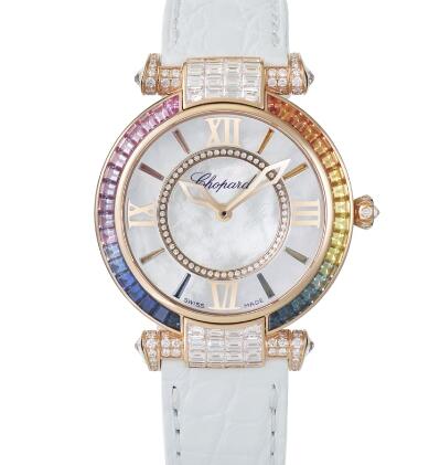 Review Chopard Imperiale Joaillerie Rainbow Watches for sale Review Replica 36 MM AUTOMATIC ROSE GOLD DIAMONDS COLORED SAPPHIRES 384242-5021 - Click Image to Close