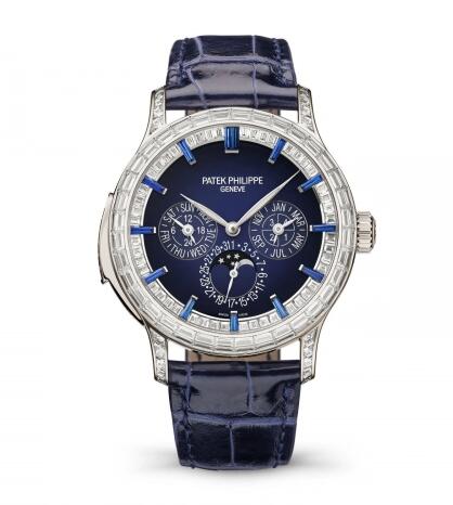 Review Patek Philippe Minute Repeater Perpetual Calendar Haute Joaillerie 5374 Platinum Blue Replica Watch 5374/300P-001 - Click Image to Close