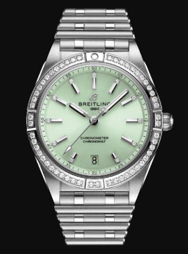 Review Replica Breitling Chronomat Automatic 36 Stainless Steel (Gem-set) - Mint Green Watch A10380591L1A1 - Click Image to Close