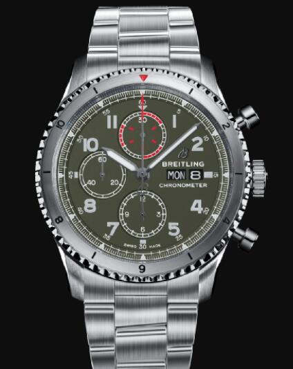Review Breitling Aviator 8 Chronograph 43 Curtiss Warhawk Stainless Steel - Green Replica Watch A133161A1L1A1