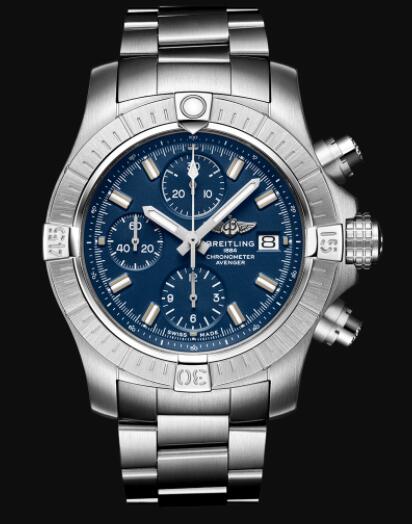 Review Replica Breitling Avenger Chronograph 43 Stainless Steel - Blue Bold Watch A13385101C1A1