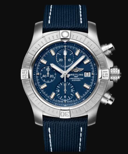 Review Replica Breitling Avenger Chronograph 43 Stainless Steel - Blue Bold Watch A13385101C1X2