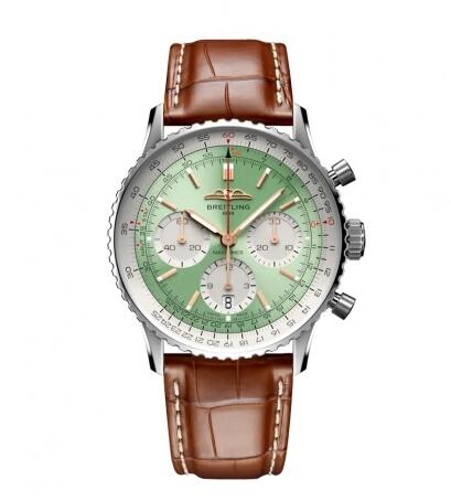 Review 2022 Breitling Navitimer B01 Chronograph 41 Stainless Steel Mint Green Alligator Folding Replica Watch AB0139211L1P1