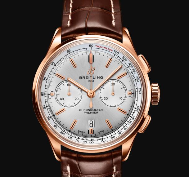 Review Breitling Premier B01 Chronograph 42 18k Red Gold - Silver Replica Watch RB0118371G1P1 - Click Image to Close