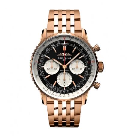 Review 2022 Breitling Navitimer B01 Chronograph 43 Red Gold Black Bracelet Replica Watch RB0138211B1R1 - Click Image to Close