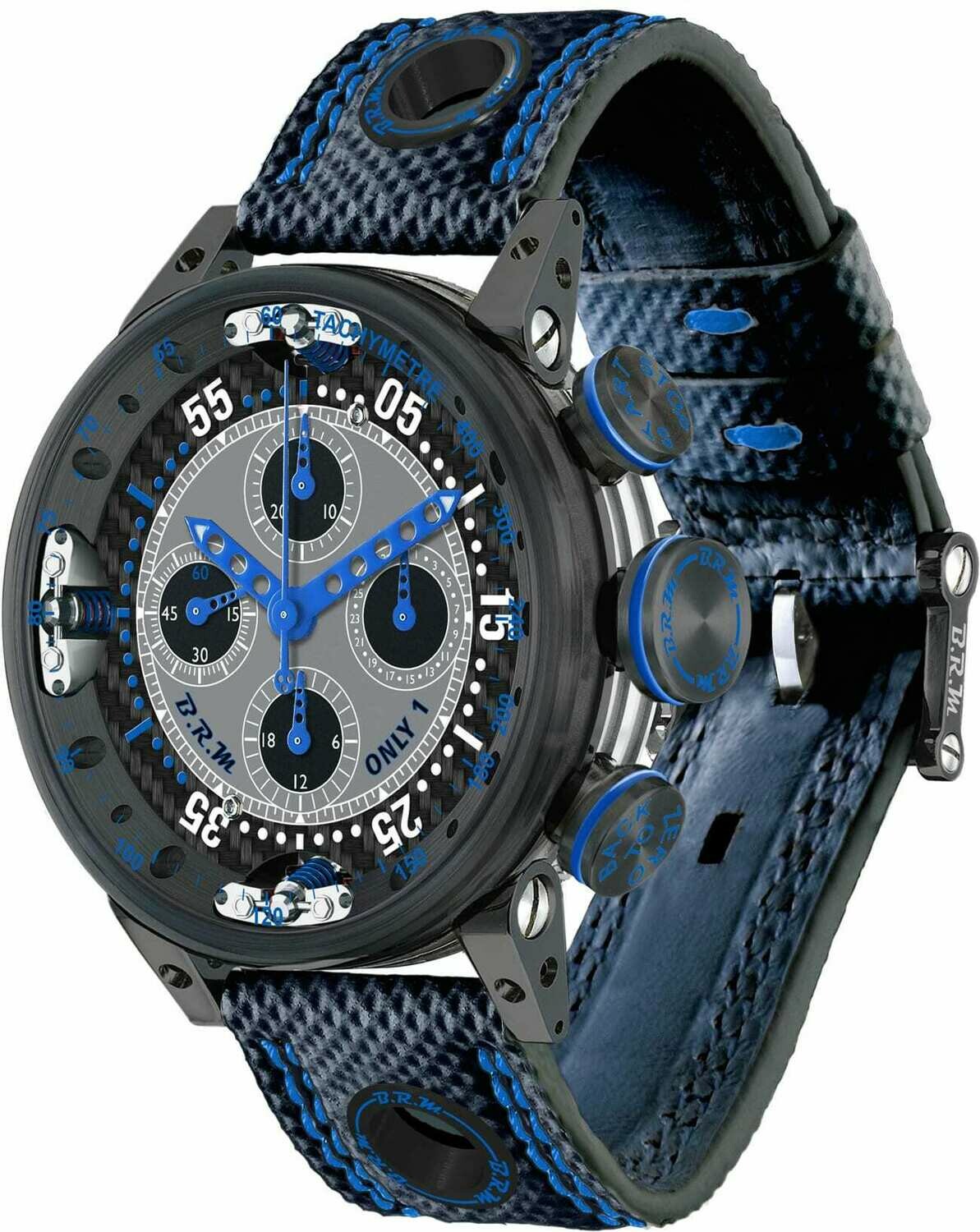 Review High Quality B.R.M Replica Watches For Sale BRM Chronograph Quantieme Perpetual Black Blue V12SA-46-DTQ-BLM - Click Image to Close